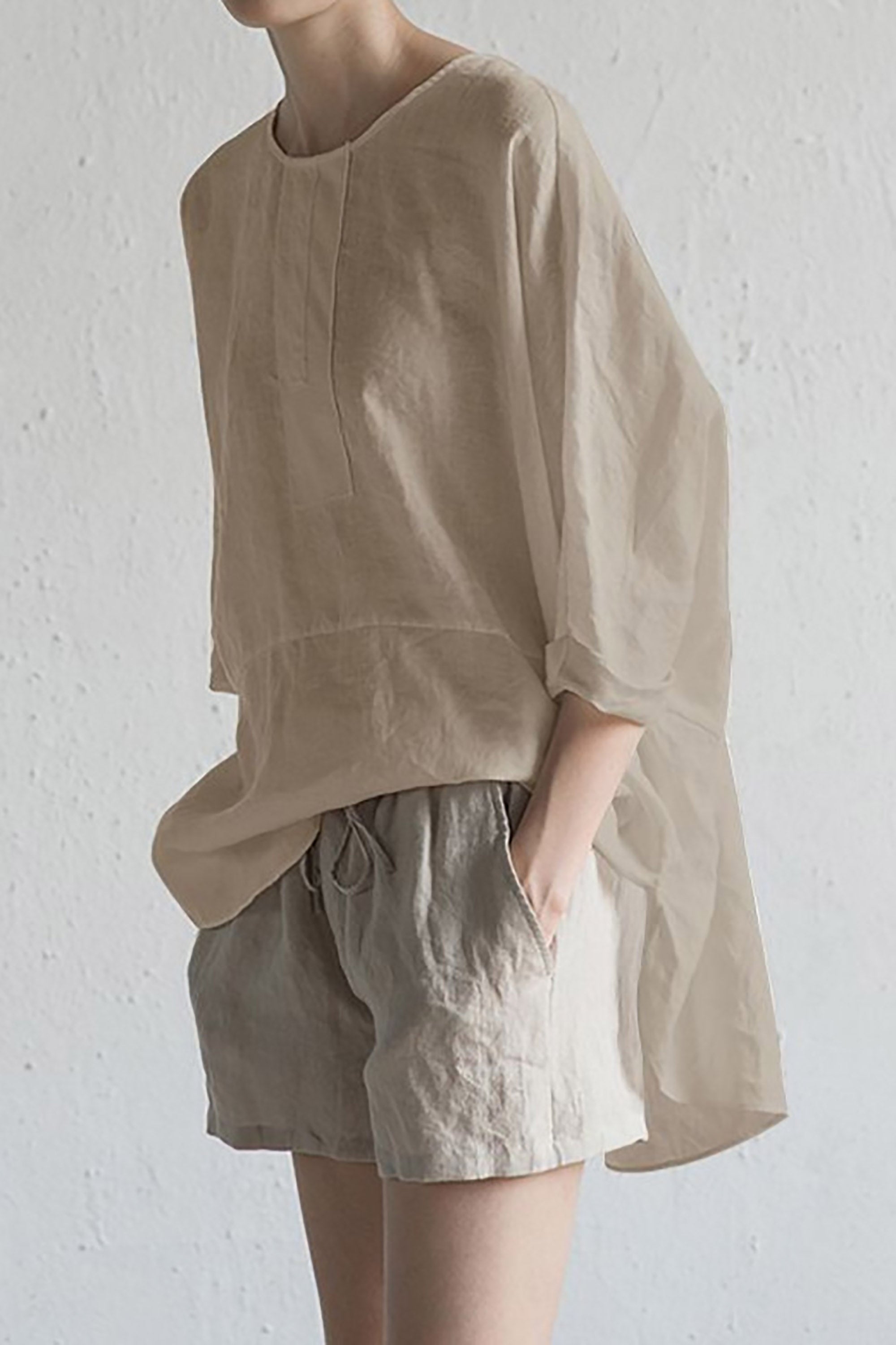 Aurelia - Elegante Japanse Linnen Pullover met Halve Mouwen en Ronde Hals voor een Tijdloze Look