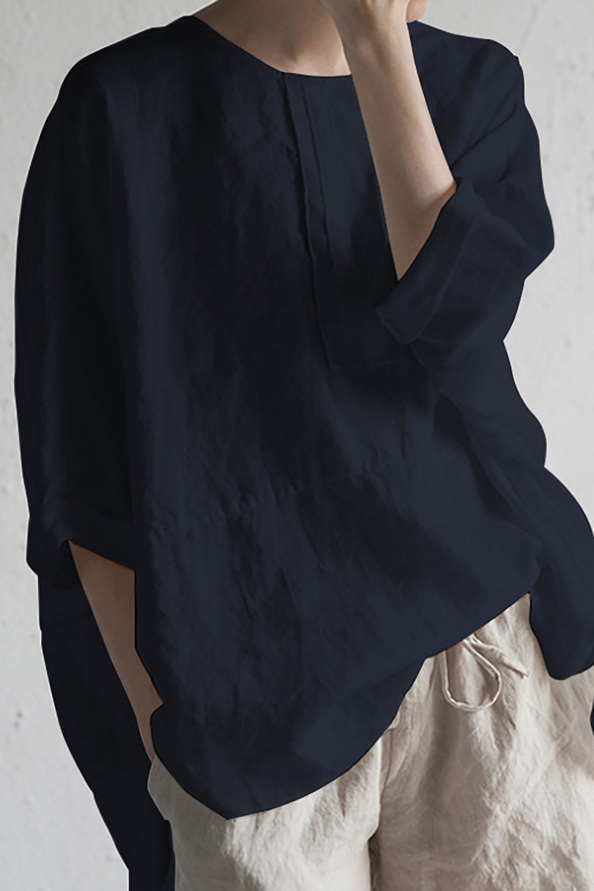 Aurelia - Elegante Japanse Linnen Pullover met Halve Mouwen en Ronde Hals voor een Tijdloze Look