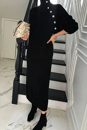 Elowen – Asymmetrische Damesjurk met Elegante Knopen en Moderne Pasvorm