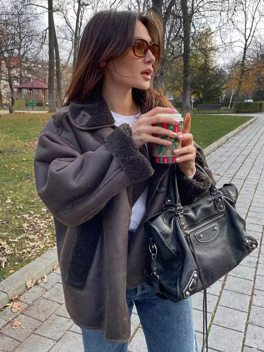 Alira – Bruine Leren Jas met Warme Fleece Voering en Tijdloze Klasse