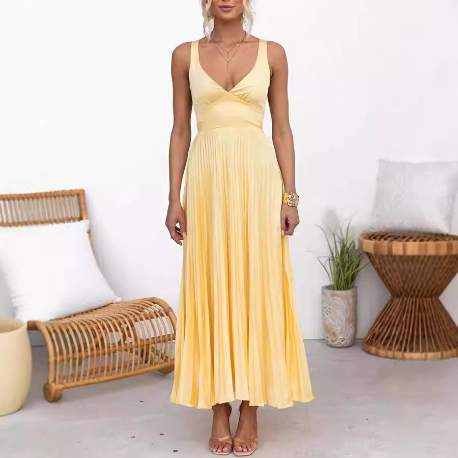 Viviana - Stijlvolle Gele Plissé Maxi Jurk voor Dames - Ideale Zomeroutfit voor Feestelijke en Casual Gelegenheden