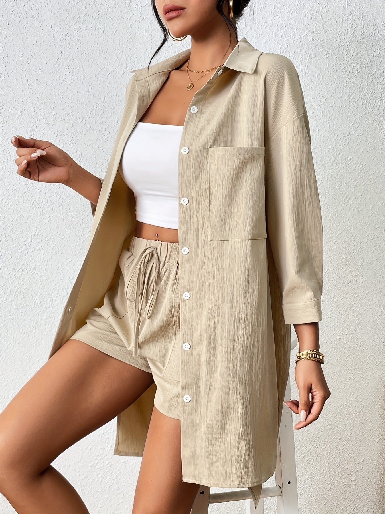 Saphina Set – Luchtige Tweedelige Set met Overhemd en Short