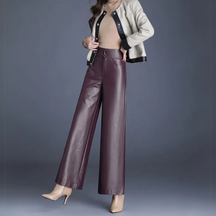 Ariane Wide-Leg Faux Leather Pants – Moderne Luxe met een Stijlvolle Twist