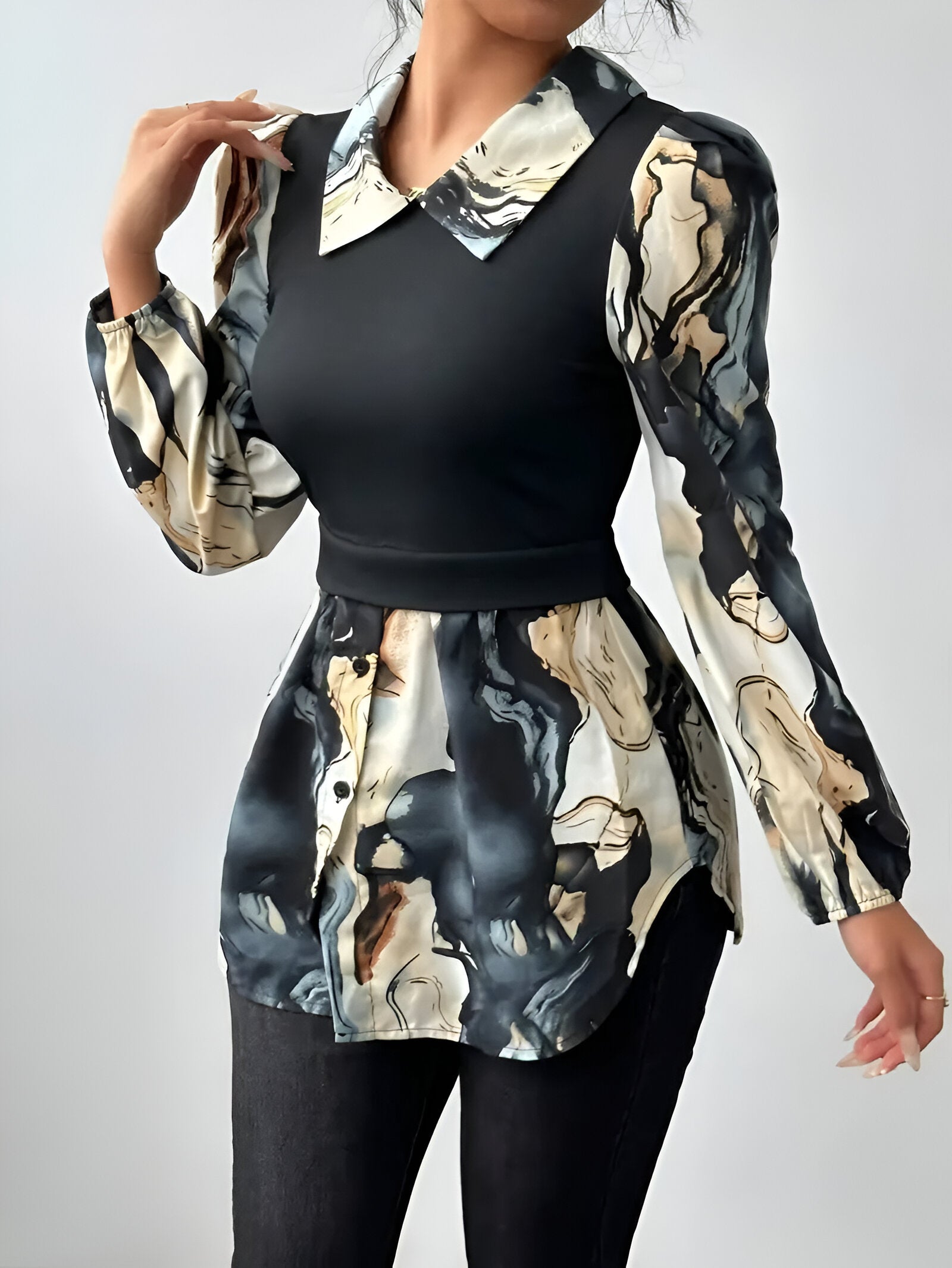 Zylaria - Marmeren Print Damesblouse met Losvallende Pasvorm - Modieuze Kantoor- en Casual Blouse