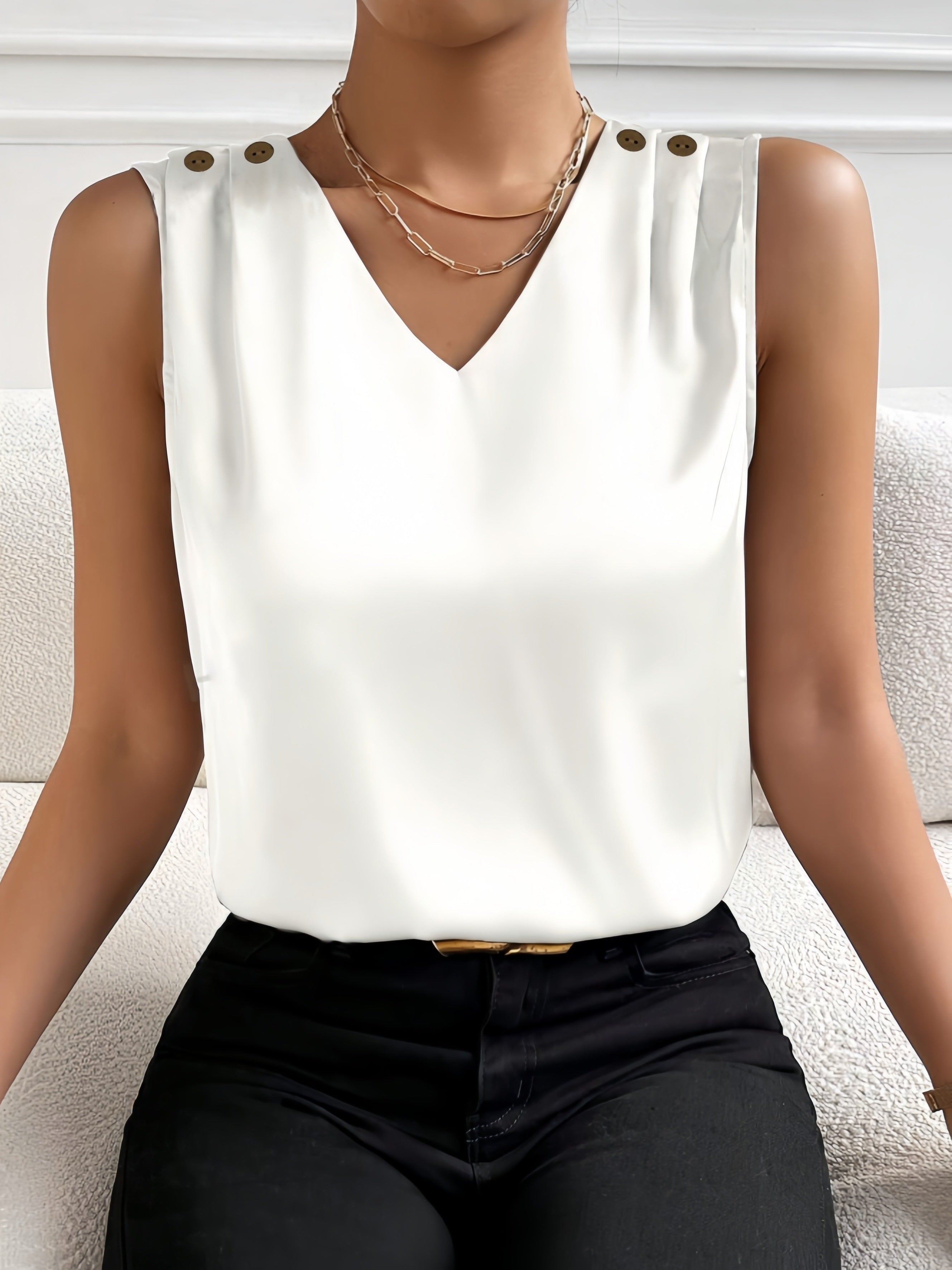 Zafira - Luxe Zomer V-Hals Mouwloze Top met Stijlvolle Knopen en Ademend Design