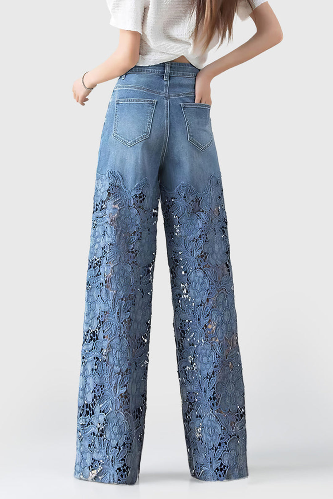Seraphina patchwork jeans met wijde pijpen en kanten details