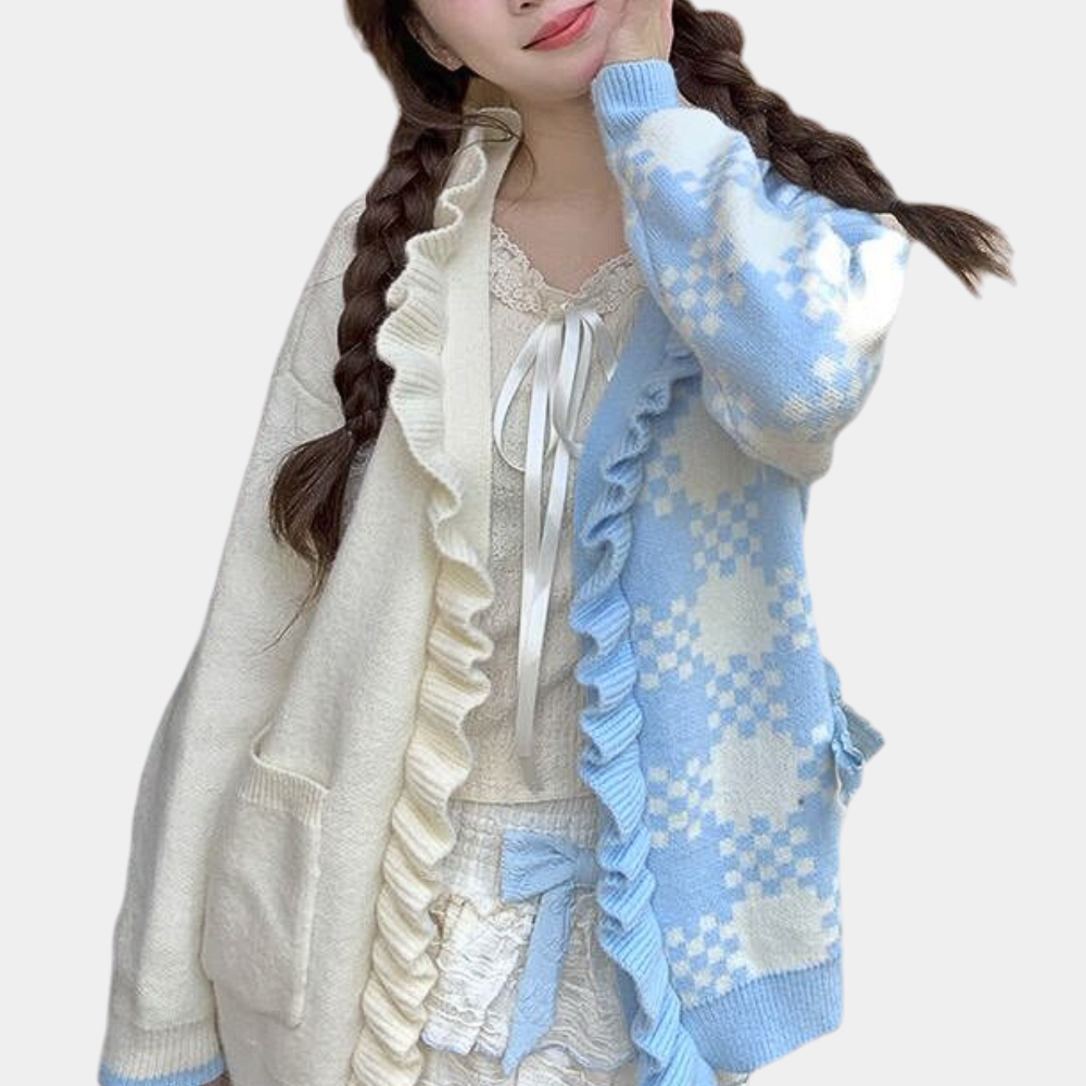 Elowen – Dames Cardigan met Ruitenprint en Patchwork Details