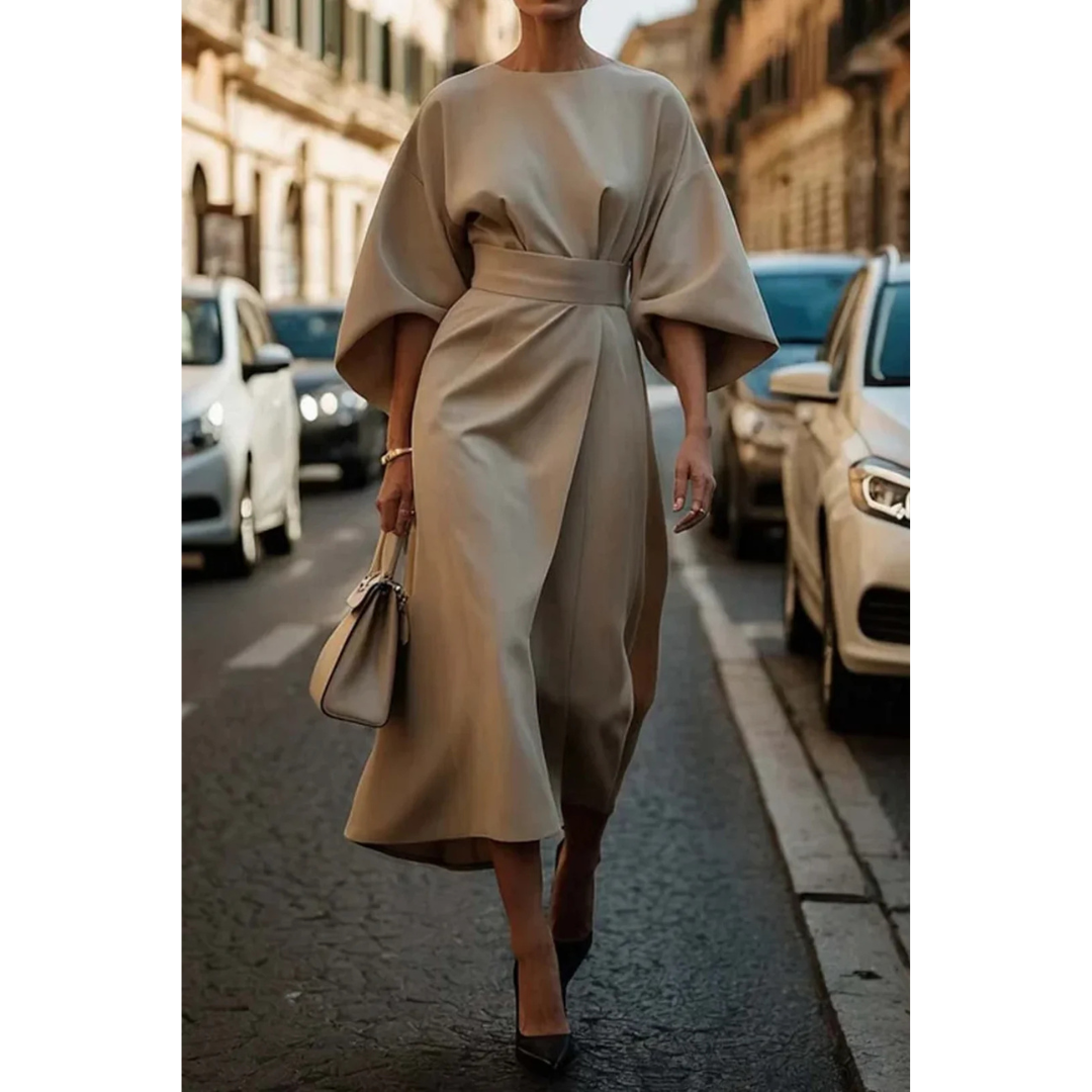 Lunaria - Elegante Jurk met Lantaarnmouwen en Verstelbare Ceintuur voor een Stijlvolle Look