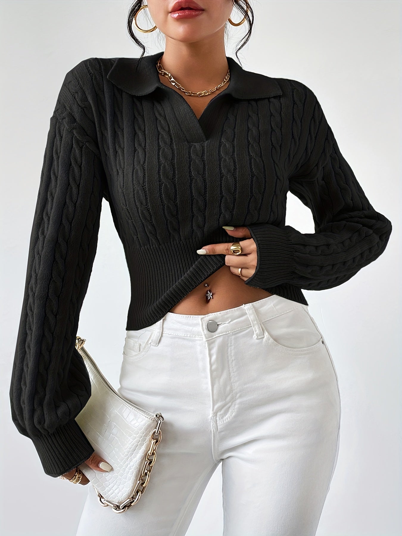 Elarise – Kabelgebreide Dames Top met Verfijnde Kraag