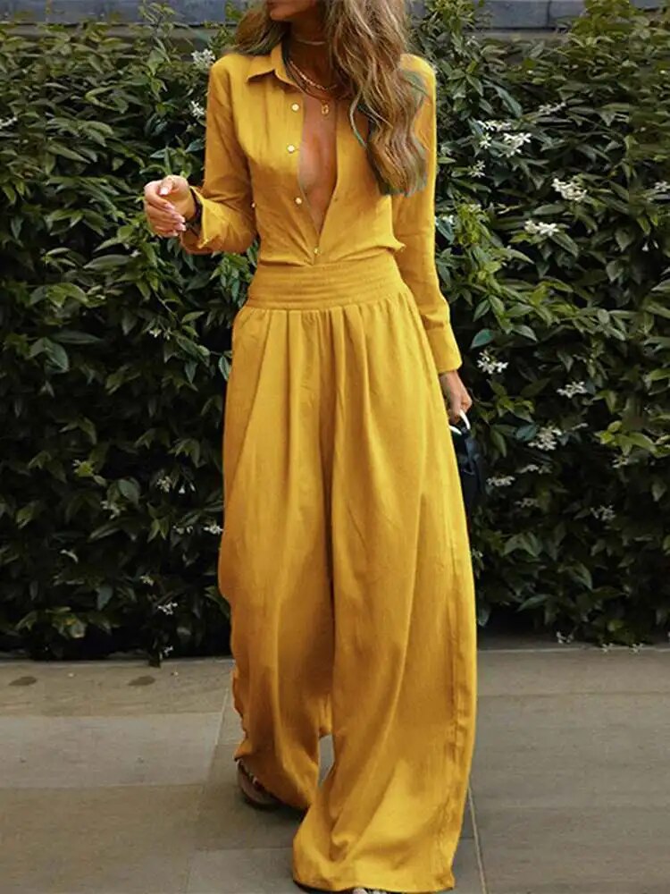 Lunaria - Damesjumpsuit met Knoopsluiting en Elastische Taille, Perfect voor Lente en Zomer.