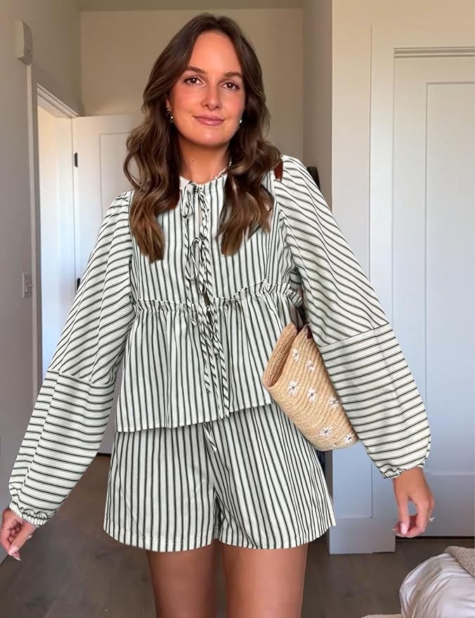 Sereluna – Dames zomerset met geruite print en pofmouwen voor een speelse, vrouwelijke look