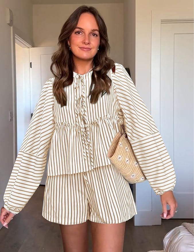 Sereluna – Dames zomerset met geruite print en pofmouwen voor een speelse, vrouwelijke look