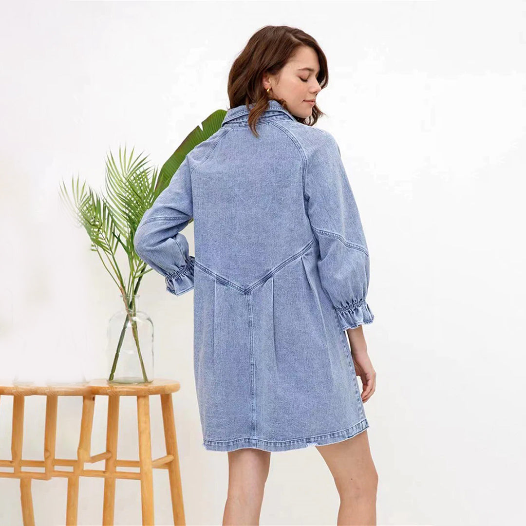 Lenavie – Vintage overhemdjurk van denim met lantaarnmouwen en nonchalante charme