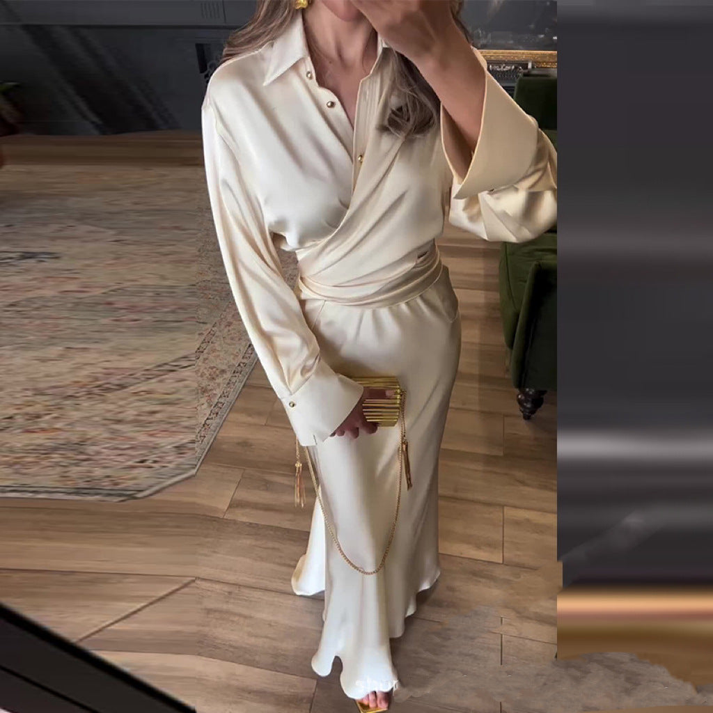 Celestia - Elegante Champagne Satijnen Maxi Wrap Jurk voor Feestelijke Evenementen