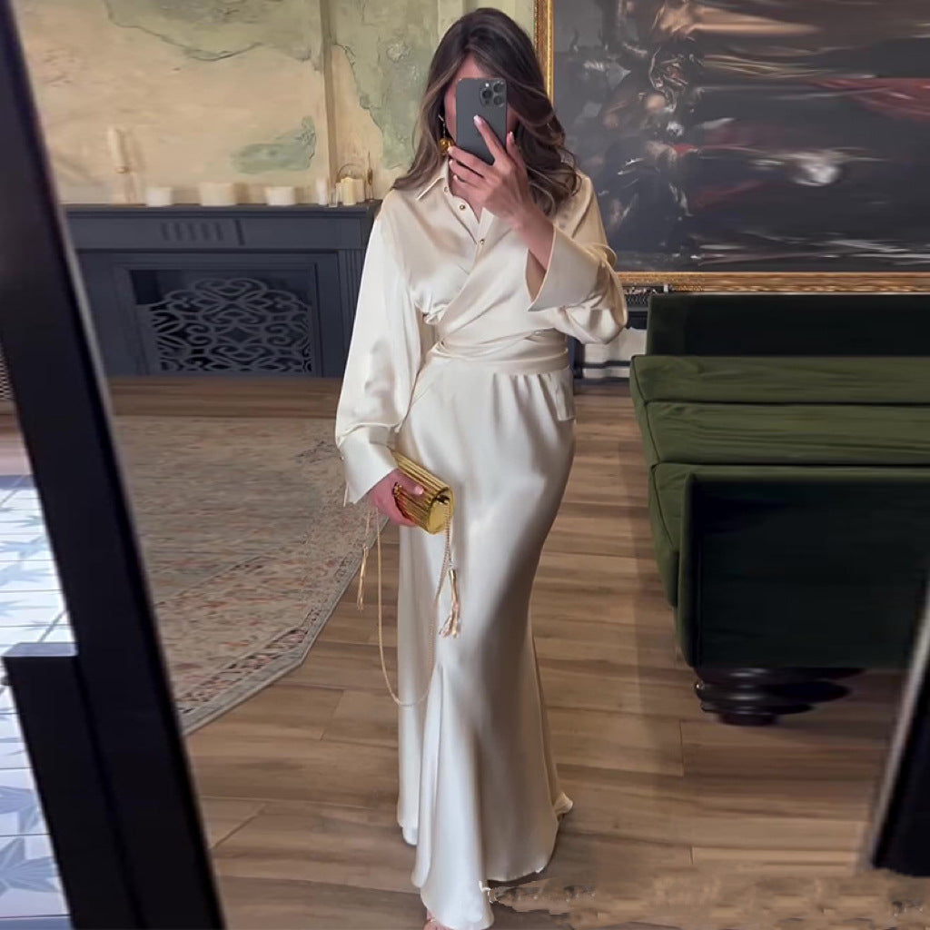 Celestia - Elegante Champagne Satijnen Maxi Wrap Jurk voor Feestelijke Evenementen