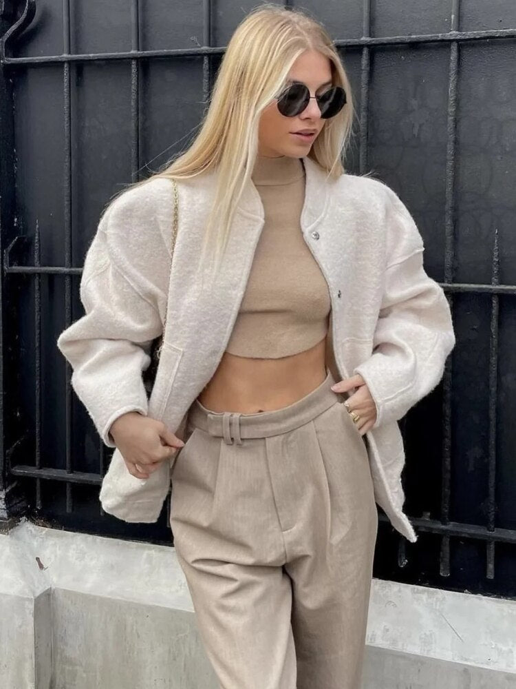 Morivelle – Oversized Wollen Mantel met Ronde Hals en Verborgen Sluiting