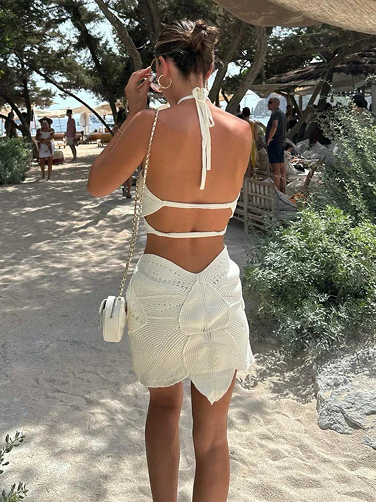 Gehaakte dames set met haltertop en mini-rok – katoen, boho stijl