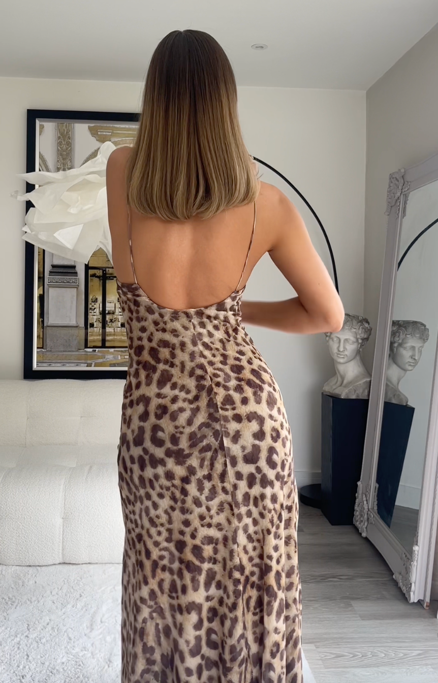 Dames maxi-jurk met luipaardprint en spaghettibandjes – licht en stretch