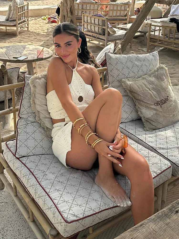 Gehaakte dames set met haltertop en mini-rok – katoen, boho stijl