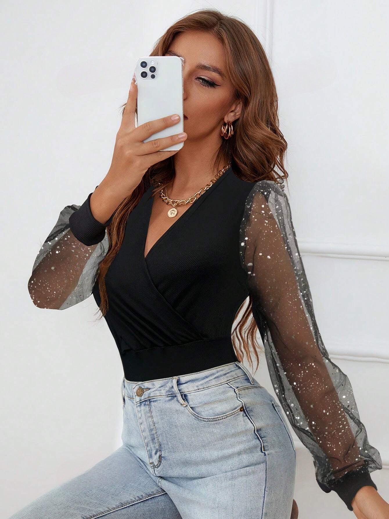 Bodysuit Dames met V-Hals en Mesh Details – Elegant & Modern