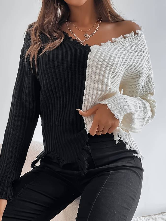 Noelle Two-Tone Distressed Knit – Stoere Elegantie met een Eigenzinnige Twist