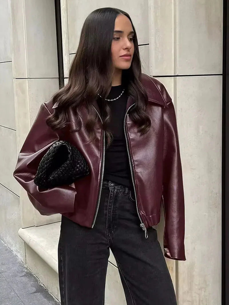 Marcelline Leather Jacket – bordeaux damesjas met stoere elegantie en luxe uitstraling