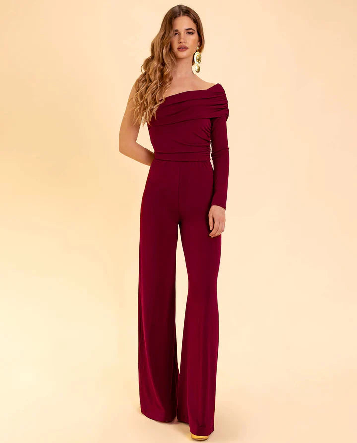 Bordeauxrode Jumpsuit Dames met Eén Schouder – Elegant & Feestelijk