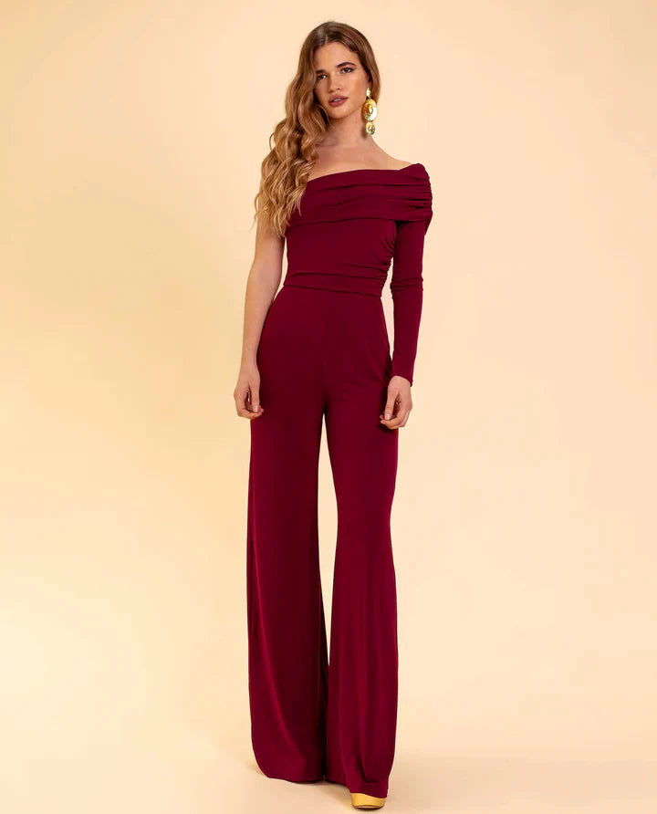 Bordeauxrode Jumpsuit Dames met Eén Schouder – Elegant & Feestelijk