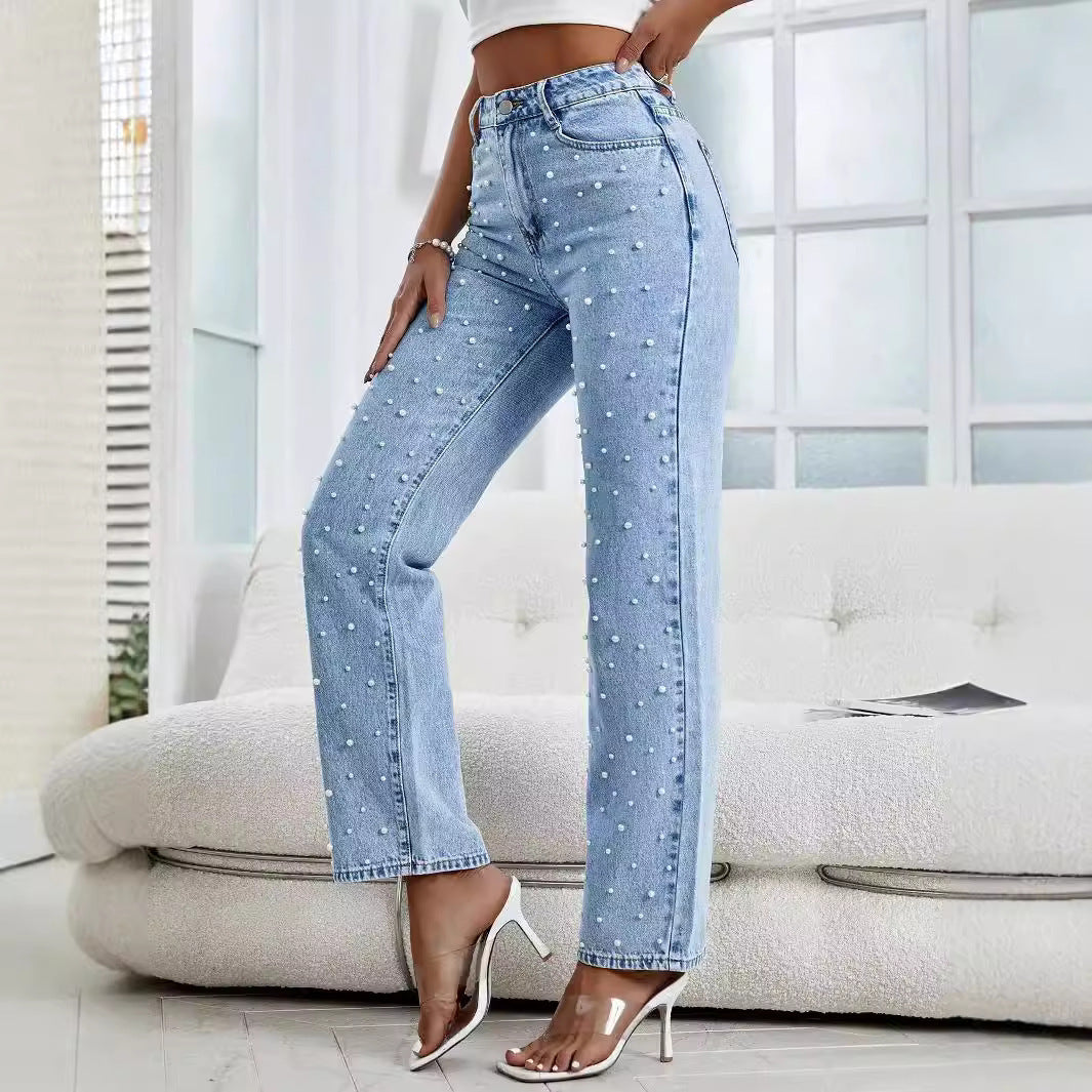 Dames Cropped Jeans met Kralen in Lichtblauw – Trendy en Speels