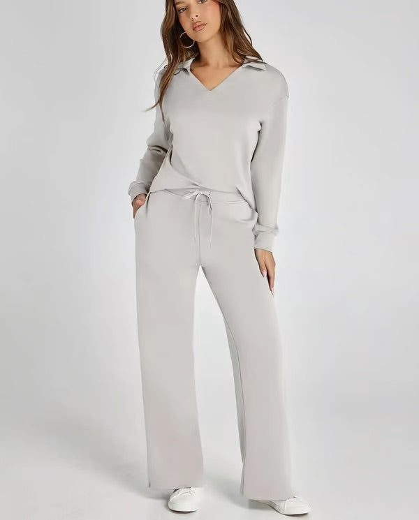 Nerina Set – Dames Tweedelige Lounge Set met V-hals Sweater en Wijde Broek