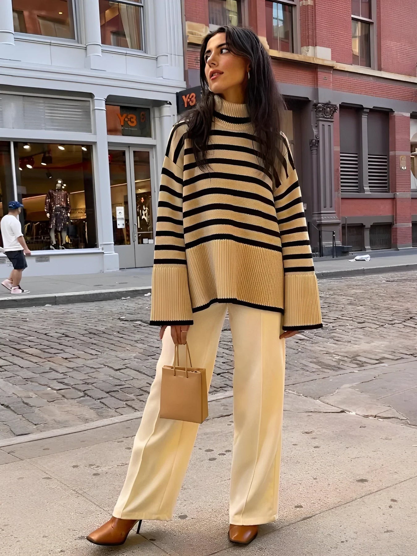 Soléna Oversized Turtleneck – katoenen damescoltrui met gestreept patroon en relaxte pasvorm