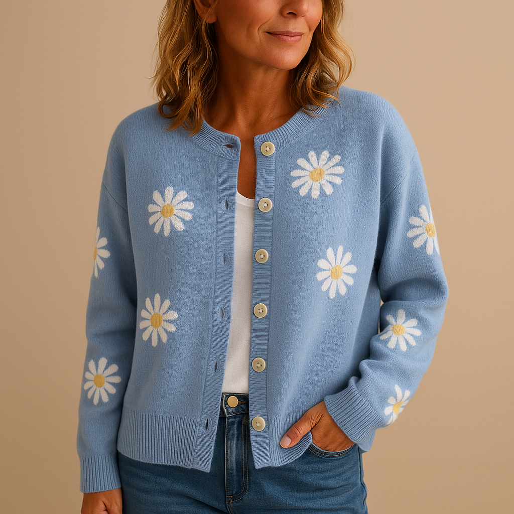 Odette – Gebreid Damesvest met Bloemenpatroon en Tijdloze Elegantie