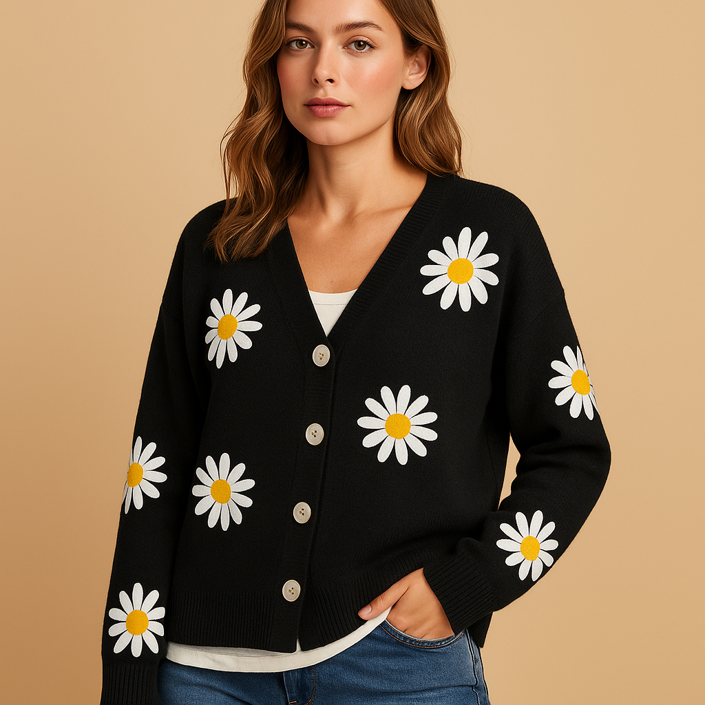 Odette – Gebreid Damesvest met Bloemenpatroon en Tijdloze Elegantie