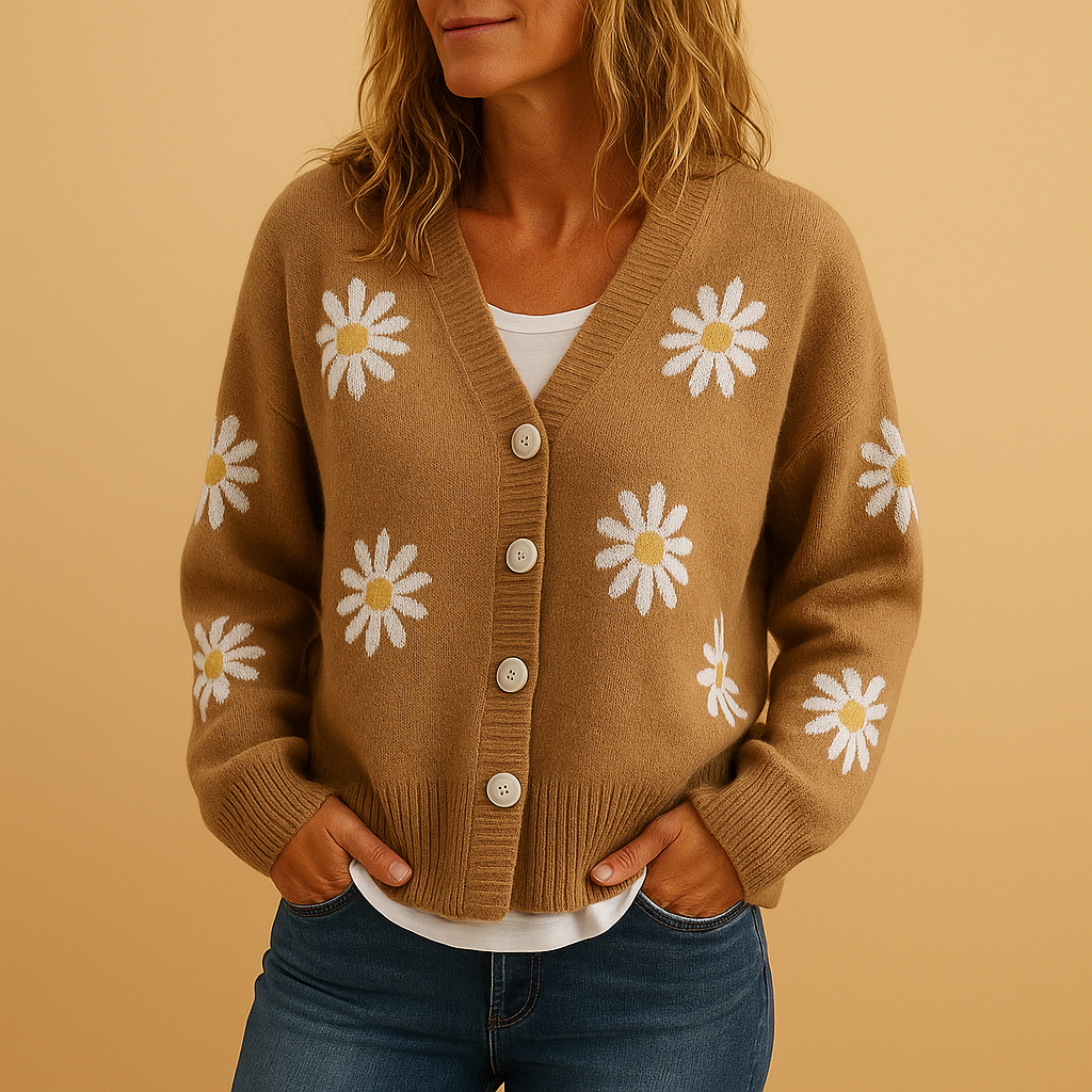 Odette – Gebreid Damesvest met Bloemenpatroon en Tijdloze Elegantie