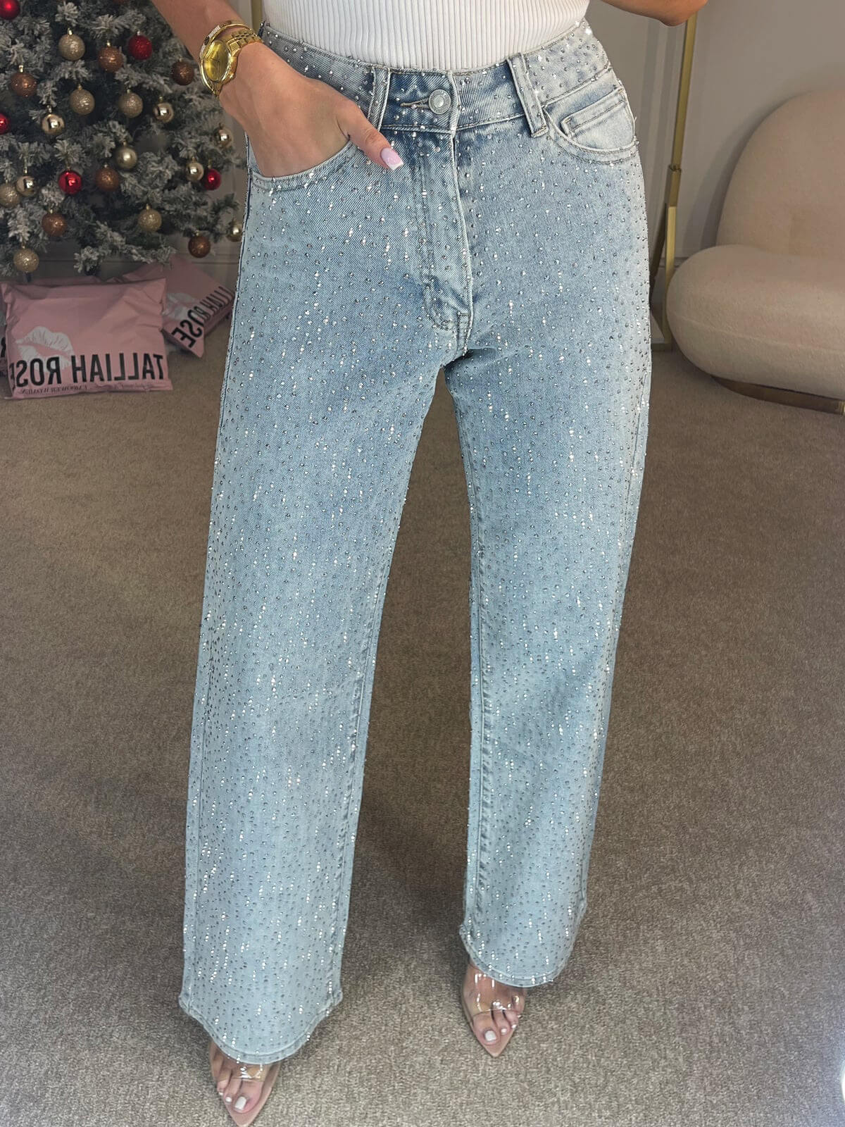 Élvara Sparkle Jeans – hoge taille jeans met elegante pasvorm en sprankelende details