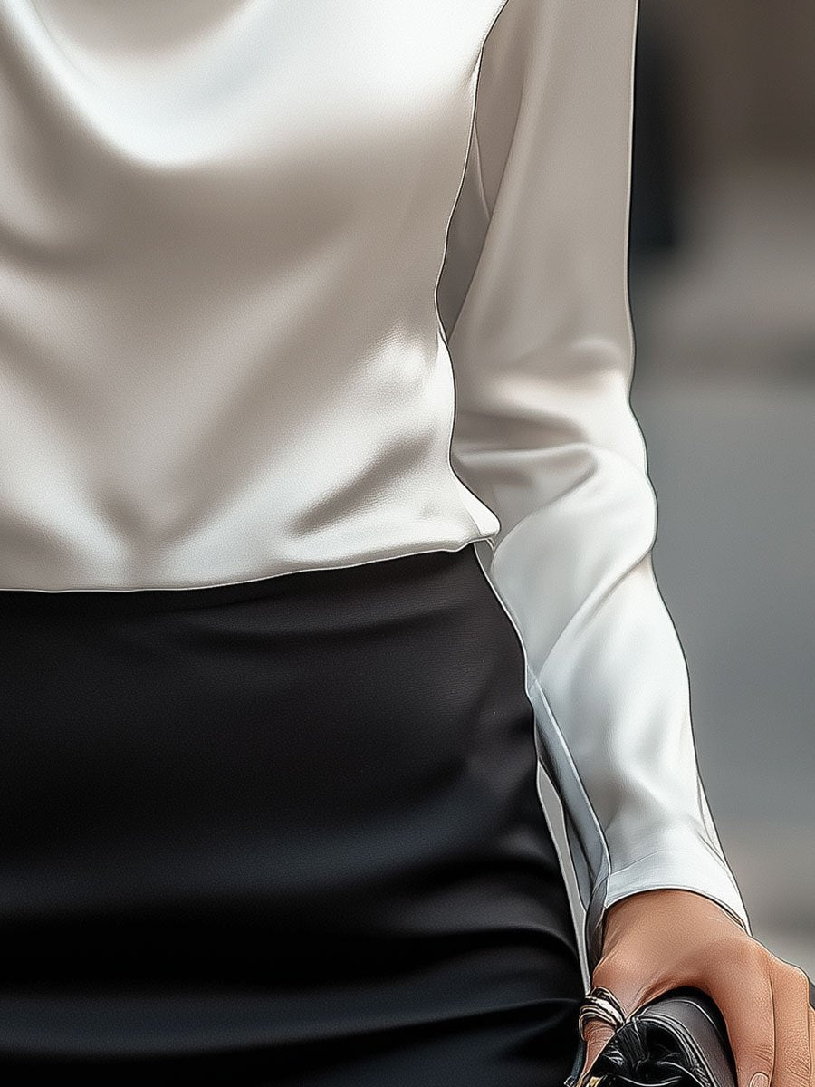 Lunara – Witte satijnen blouse met watervalhals voor dames