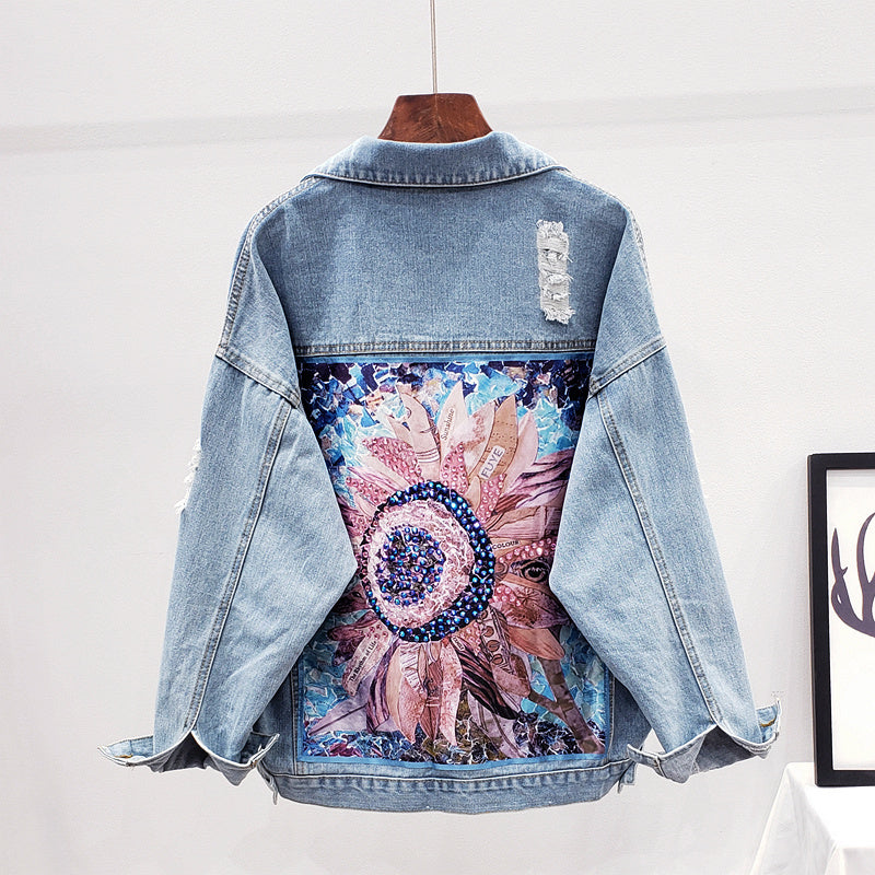 Solmara Denim Jacket – Artistieke Zonnebloem Flair in Tijdloos Denim