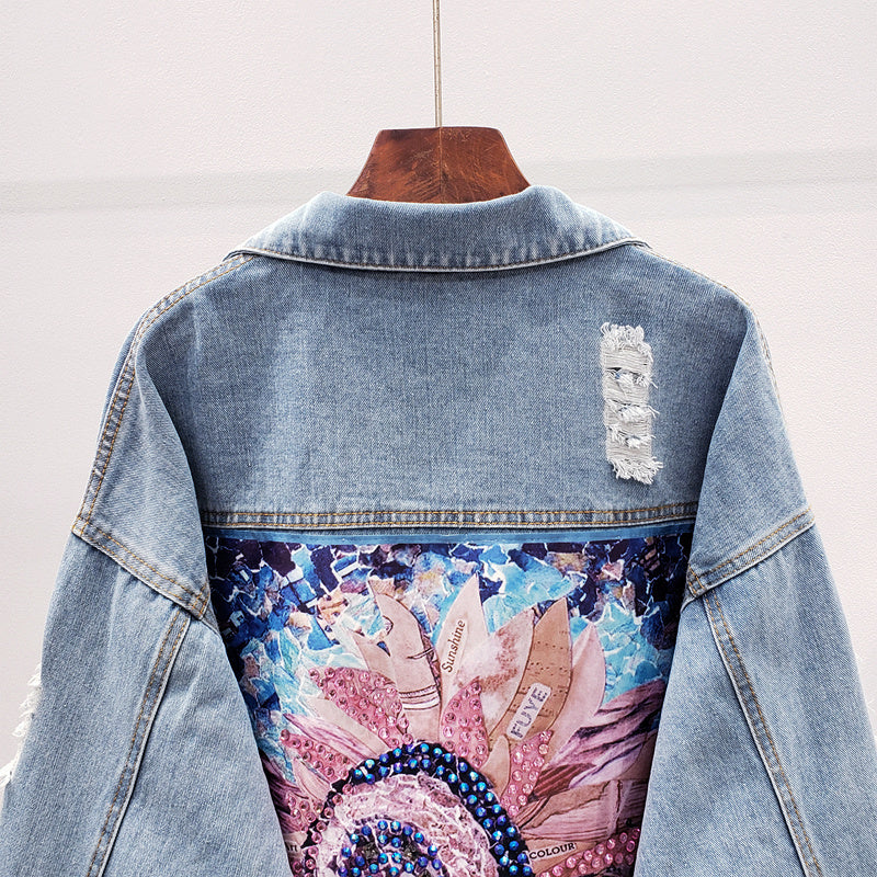 Solmara Denim Jacket – Artistieke Zonnebloem Flair in Tijdloos Denim