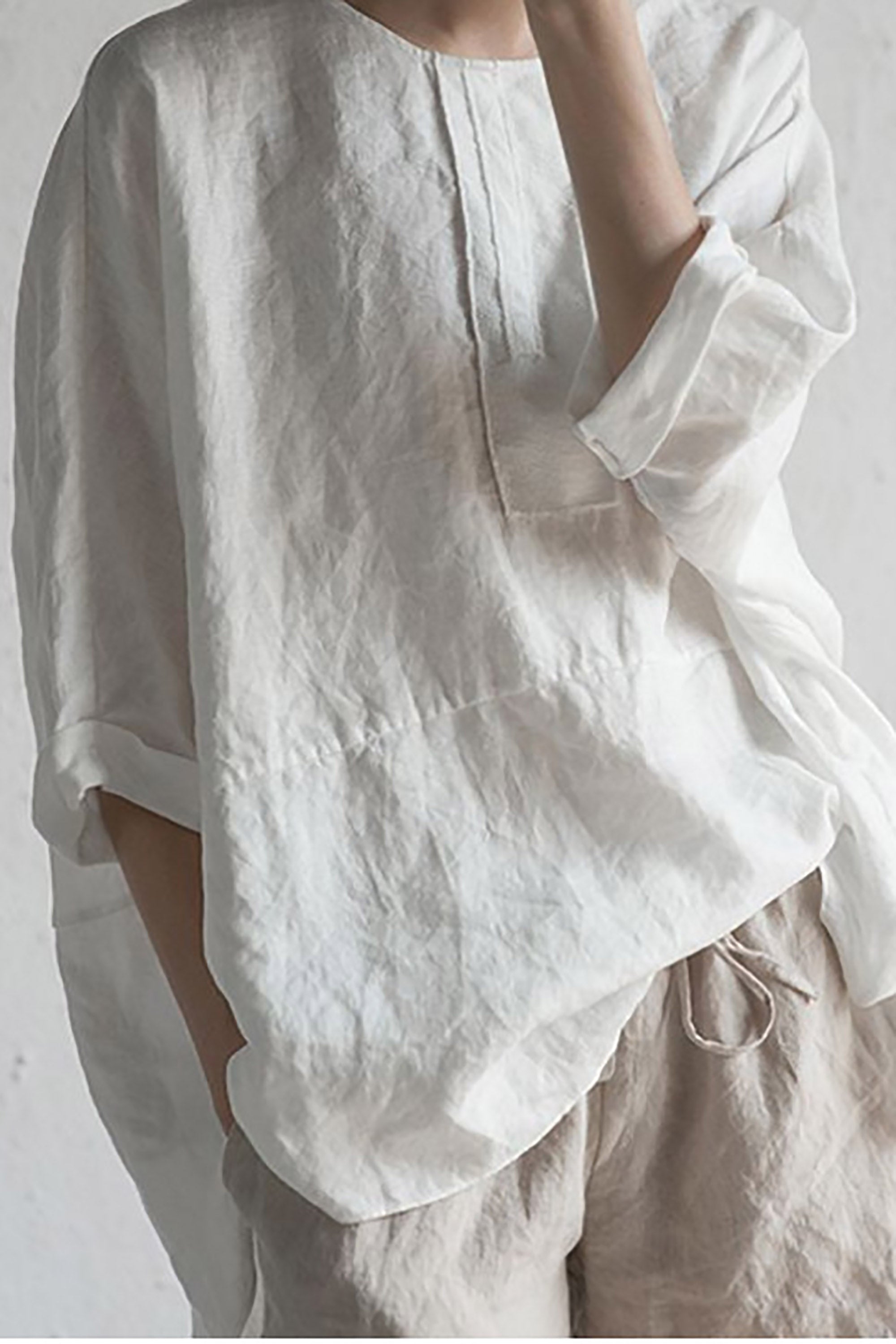 Aurelia - Elegante Japanse Linnen Pullover met Halve Mouwen en Ronde Hals voor een Tijdloze Look