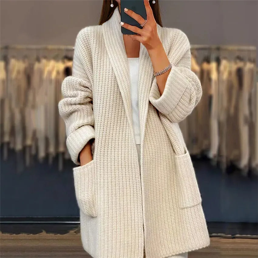 Selviana Geribde Cardigan – Elegante Lange Damesvest met Zakken voor Herfst en Winter