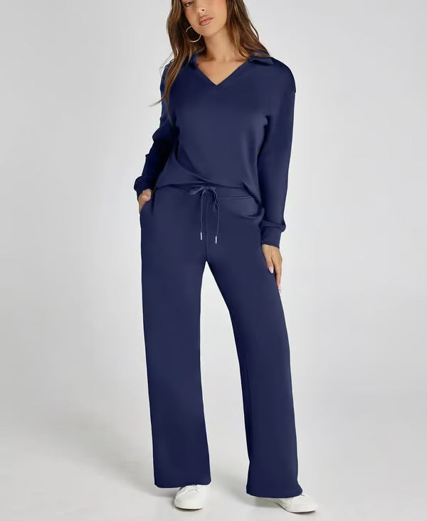 Nerina Set – Dames Tweedelige Lounge Set met V-hals Sweater en Wijde Broek
