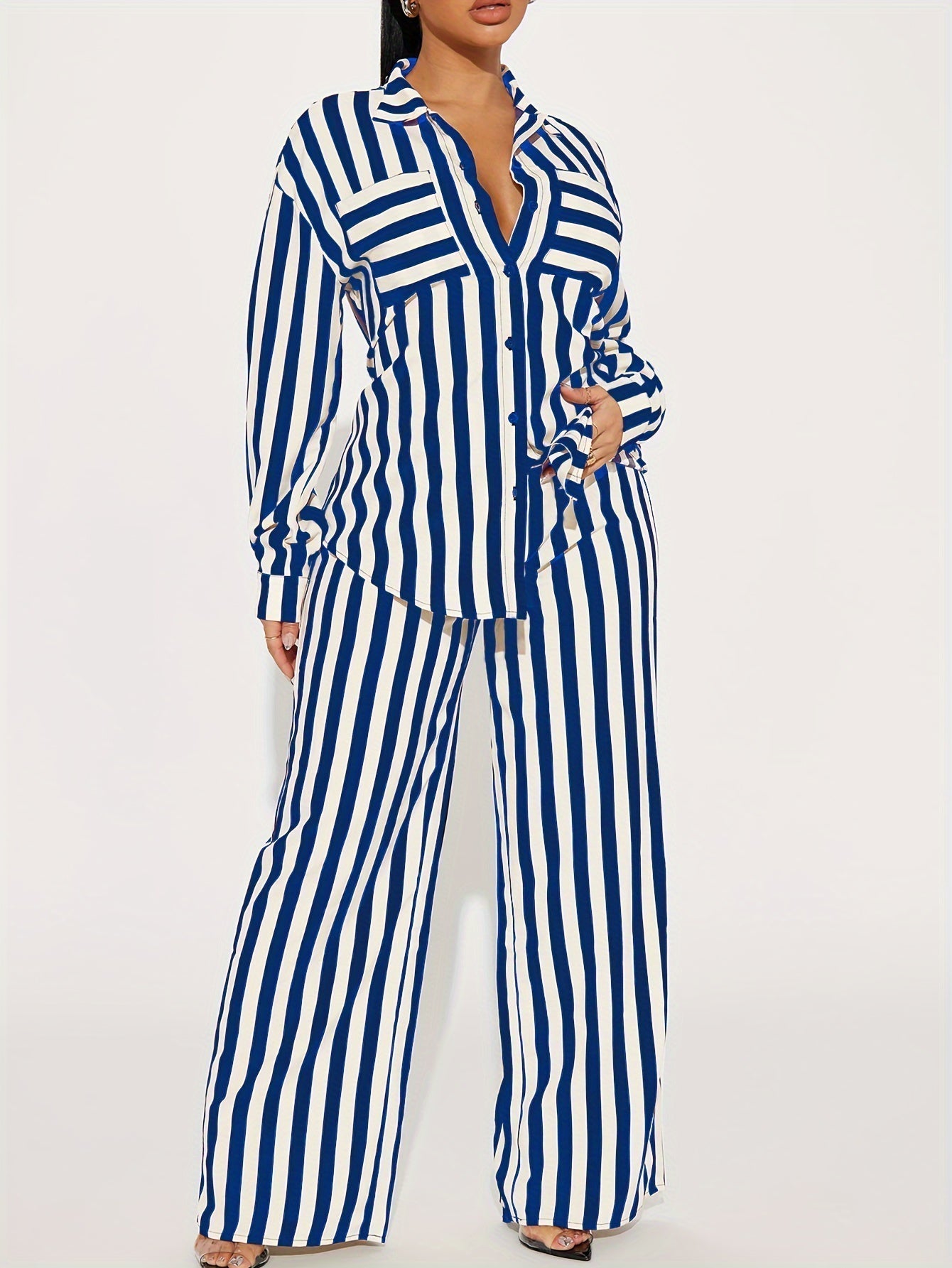 Marcelline Set – Gestreepte Tweedelige Set met Overhemd en Wijde Broek