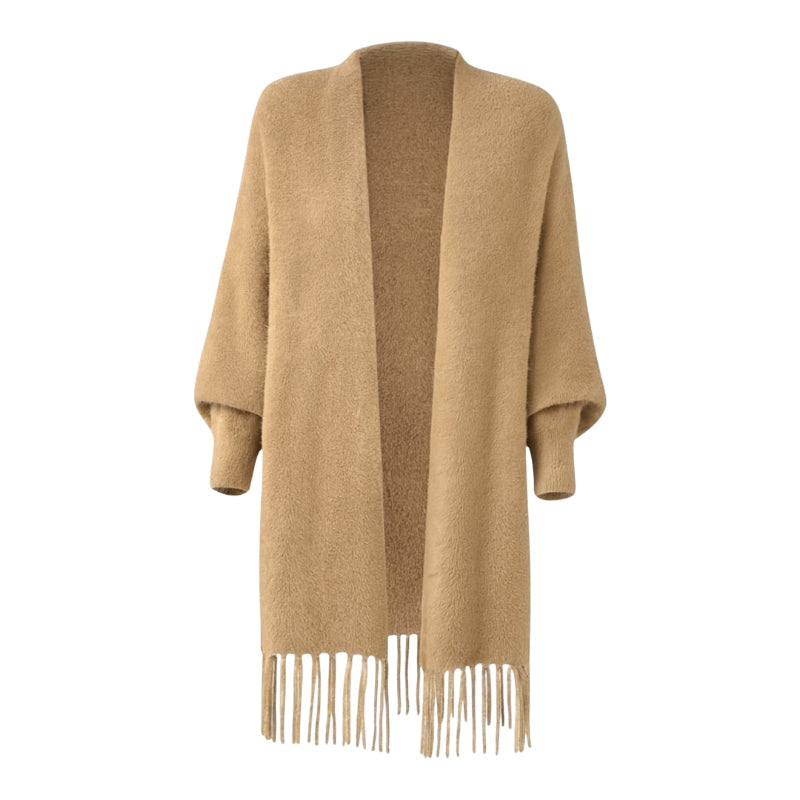 Sorella – Lange dames cardigan met open voorkant en zachte pluizige textuur