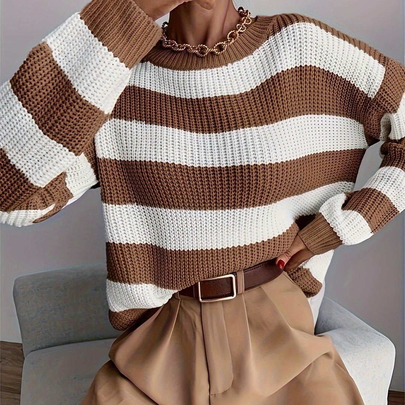 Lina Gebreide Trui met Kleurblokken – Warm, Trendy & Comfortabel