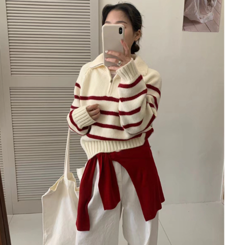 Althéa Gestreepte Rits-Pullover – Warmte met een Vleugje Verfijning