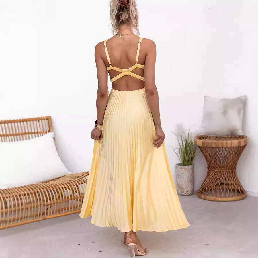 Viviana - Stijlvolle Gele Plissé Maxi Jurk voor Dames - Ideale Zomeroutfit voor Feestelijke en Casual Gelegenheden