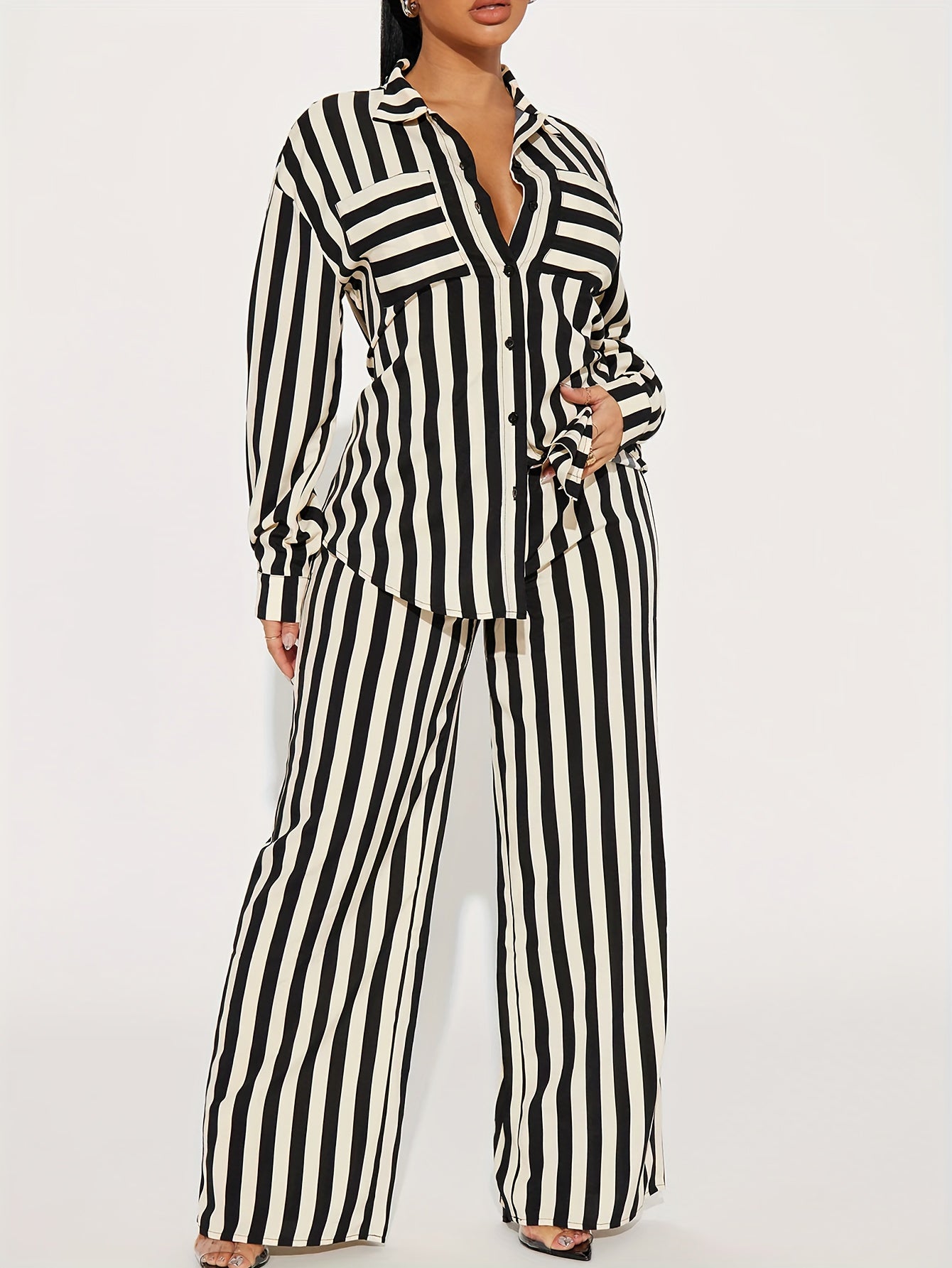 Marcelline Set – Gestreepte Tweedelige Set met Overhemd en Wijde Broek