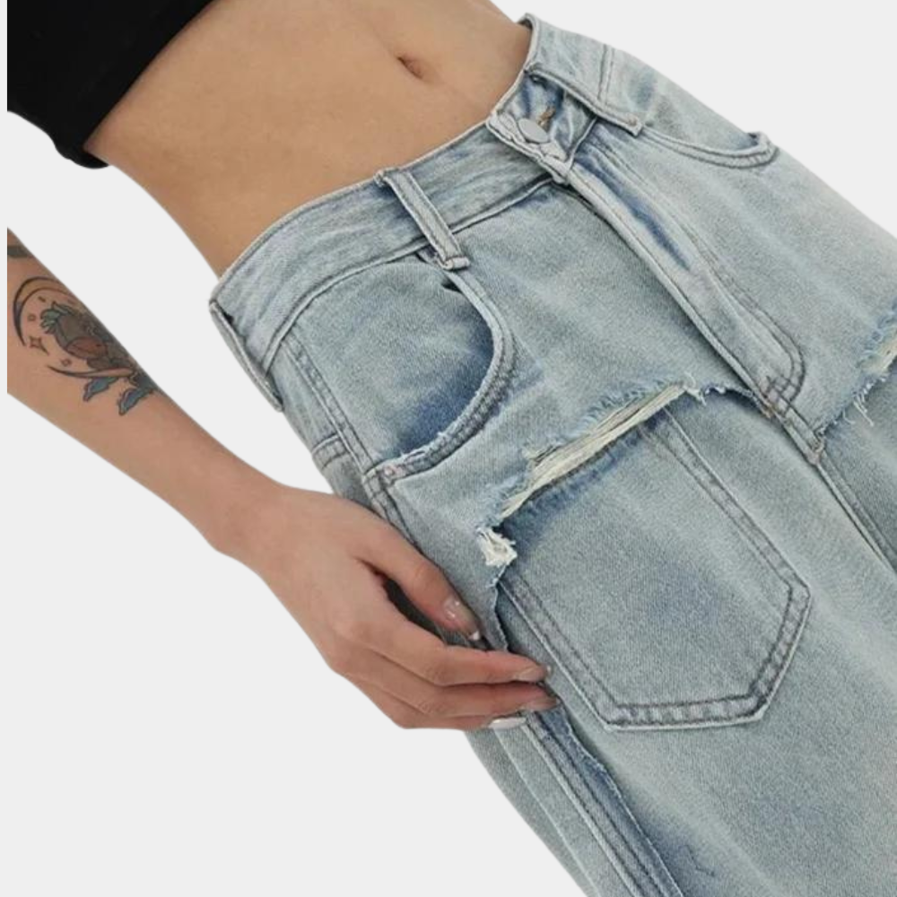 Orivane Dames Baggy Jeans met Dubbele Taille – Trendy en Uniek