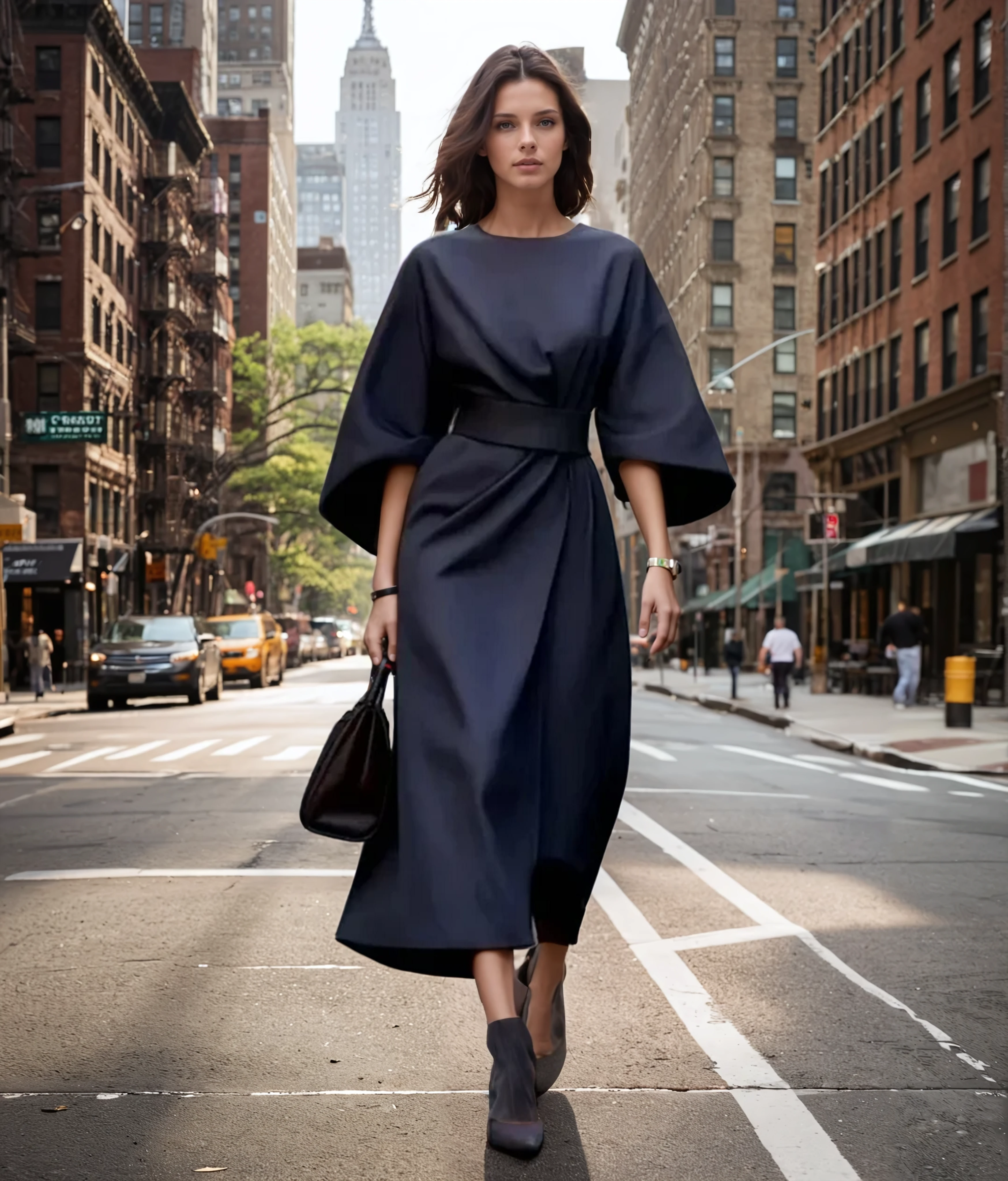 Lunaria - Elegante Jurk met Lantaarnmouwen en Verstelbare Ceintuur voor een Stijlvolle Look