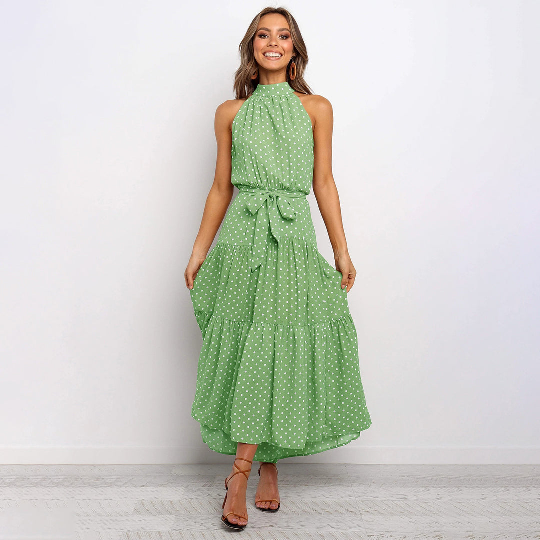 Elisara – Vrouwelijke A-lijn midi-jurk met speelse stippen en verstelbare strik